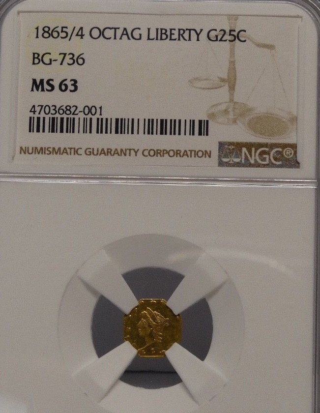 NGC 1865/4 OCTAGONAL LIBERTY GOLD 1/4 DOLLARG25C BG-736 MS 63