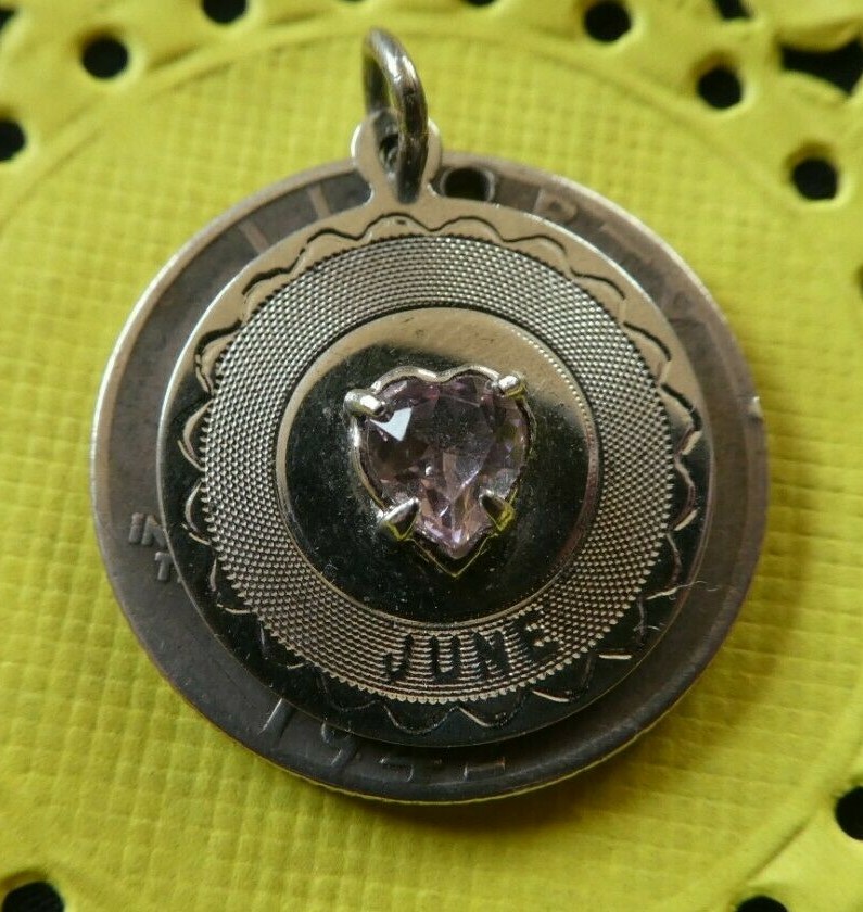 Vintage Sterling Silver & Pink Heart Rhinestone June Birthday Charm