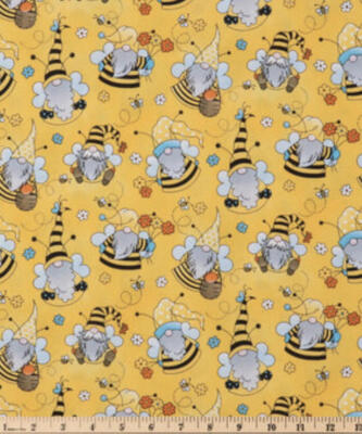 Bee Gnomes with Flowers Floral on Yellow Cotton Fabric by the Yd Free Ship US
