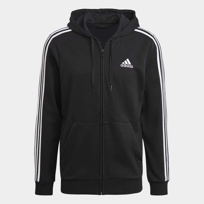 Adidas Men Essentials Толстовка с капюшоном и молнией во всю длину из ткани френч терри с 3 полосками, черный/белый GK9032