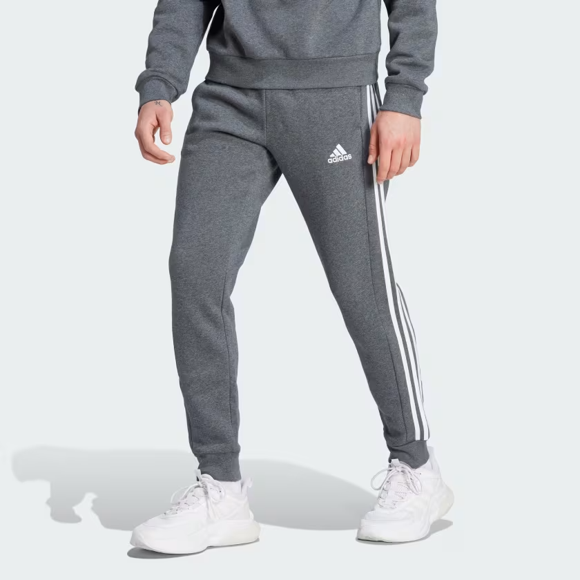 adidas Essentials Fleece Pants 3 Stripes Tapered Cuff Grey