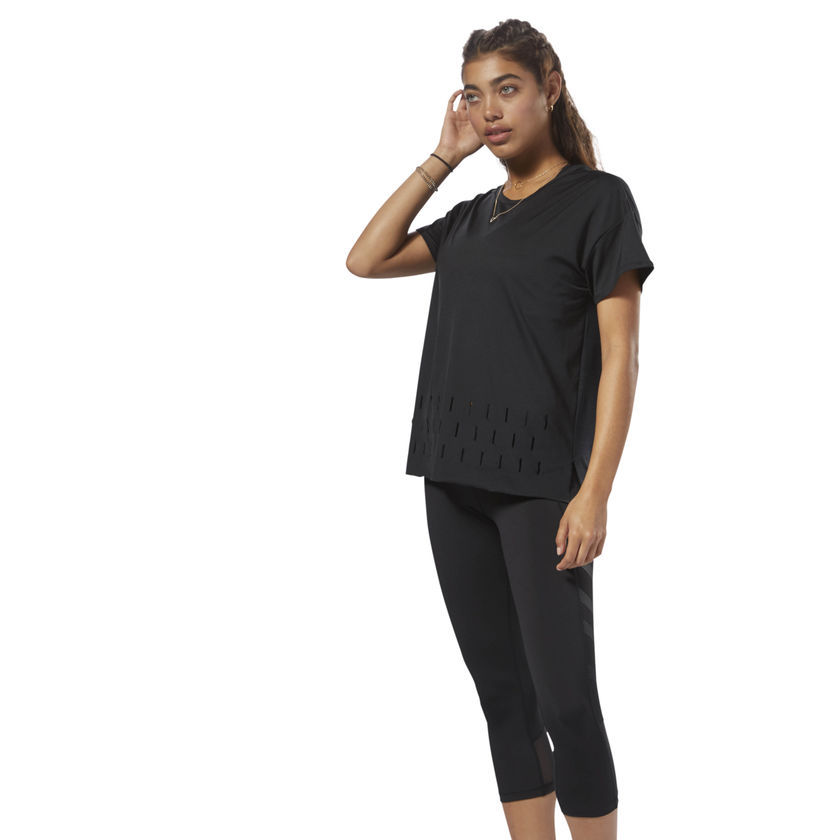 

Футболка Reebok Wmns Studio Activchill, новая черная серая женская спортивная одежда CZ9455, Black/grey, Reebok Studio Activchill Tee