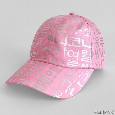 Korea Silver Metallic Hangul Graphic Printing Pink 6 Panel Baseball Cap Hat