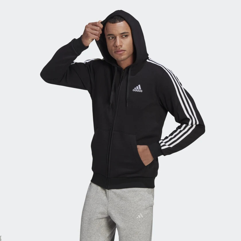 Adidas Men Essentials Fleece 3 Stripes Full Zip Hoodie Black GK9051