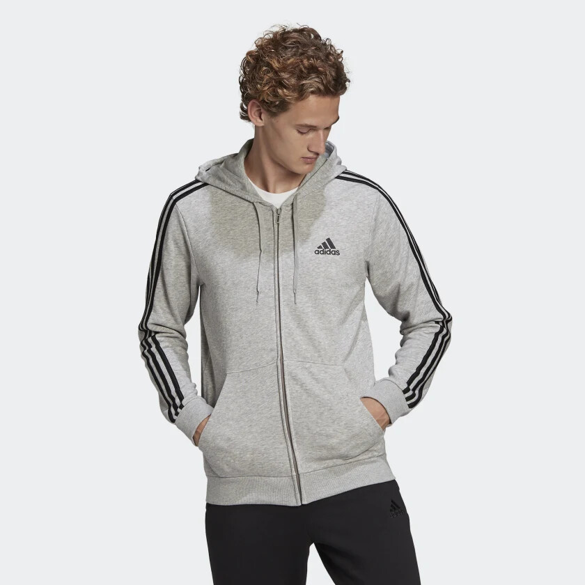 Adidas Men French Terry 3 Stripes Full Zip Hoodie Medium Grey Heather GK9034