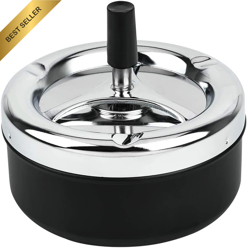 Round Push down Ashtray with Spinning Tray Metal Cigarette Ash Tray Large 5.2 In