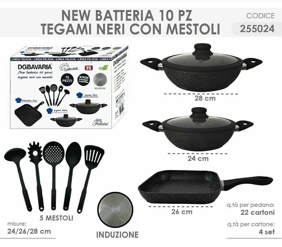 Servizio Set Tegami Pentole 10 Pezzi Con Manici Removibili E Mestoli Neri Bal