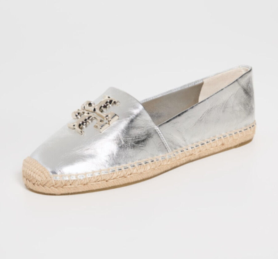 NIB Tory Burch Eleanor Logo Espadrille Leather Flat Metallic Silver