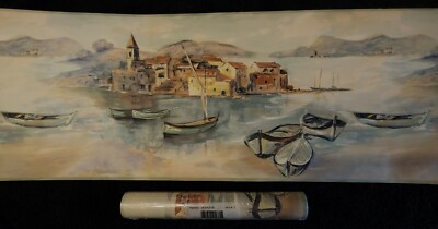 Vintage Wallcrest Wallpaper Borders IM20655B Village Ocean Scene Canoes  NIP
