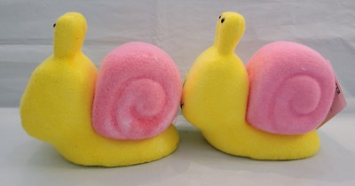 2x Flocked Yellow Pink Snail Way To Celebrate Spring Whimsical Easter Decor