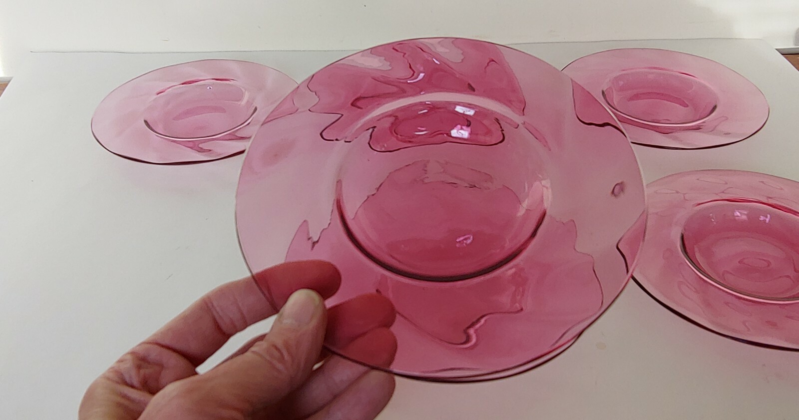 Antique Victorian Pink Optic Swirl Cranberry Glass Desert Plates Lot of 6