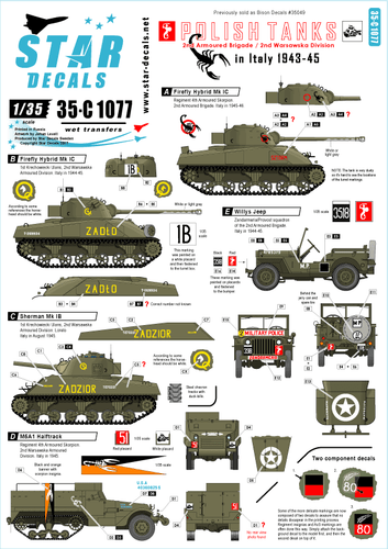 Star Decals 1/35 Polish Tanks  Italy 1943-45 2nd Armoured Brig. decal 35C1077 x