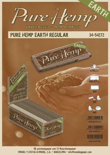 Pure Hemp Rolling Paper Earth Single Wide (69mm) Regular Size (Full Box of 50)