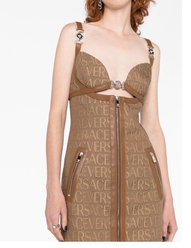 Pre-owned Versace Logo Print Cut Out Monogram Mini Dress Leather Trims It 40 Us 4 $3050 In Brown Tan