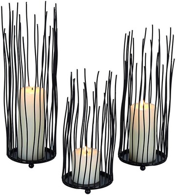 Set of 3 Willow Branch Black Iron Votive Pillar Candle Holder Rustic Table Decor