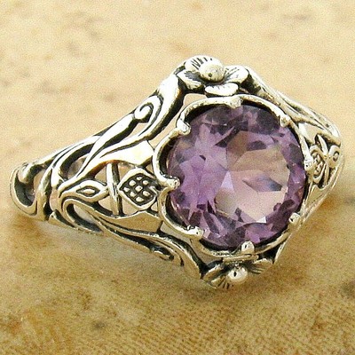 ART NOUVEAU STYLE GENUINE AMETHYST SCOTTISH THISTLE 925 STERLING SILVER RING 567