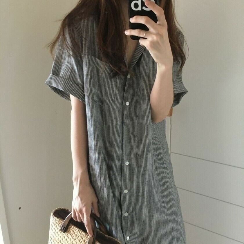 Women Blouse Lady Shirt Dress Short Sleeve Button Loose Stripe Cotton Linen SHP
