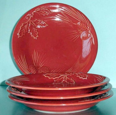 Lenox Rustic Berry Red 4 PC. Accent Salad Plate 9'' Embossed Pinecones/Holly NEW