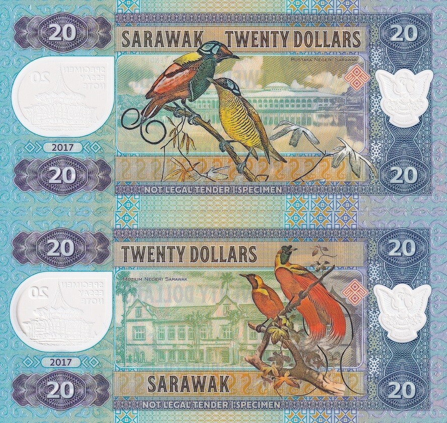 Sarawak Set 2 PCS 20 Dollars 2017 Malaysia Polymer Birds Fantasy