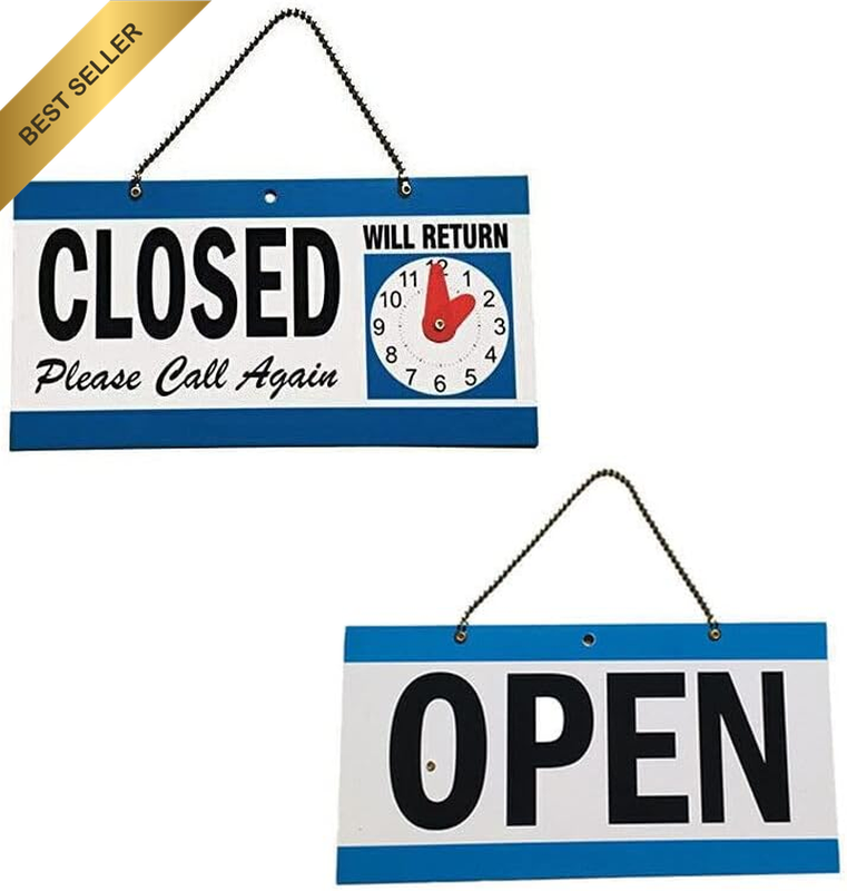 Open-Closed Will Return Sign with Handcrafted Clock for Business, Shop, Restaura