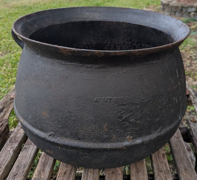 Antique Cast Iron Cauldron Pot Footed marked Aunt Dinah and