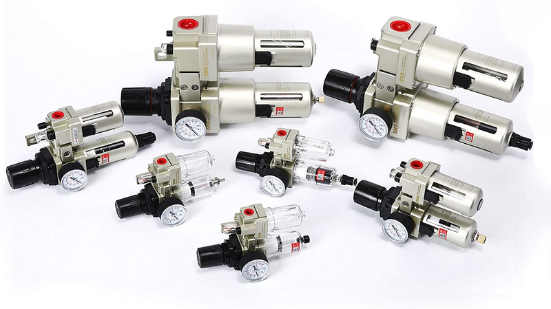 SNS Compressed Air Filter Regulator Lubricator FRL 1/4" NPT, Semi-Auto Drain, wi