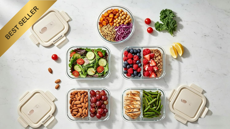 5-Pack 35Oz Glass Meal Prep Lunch Boxes with 2 Single 2 Double 1 round Compartme