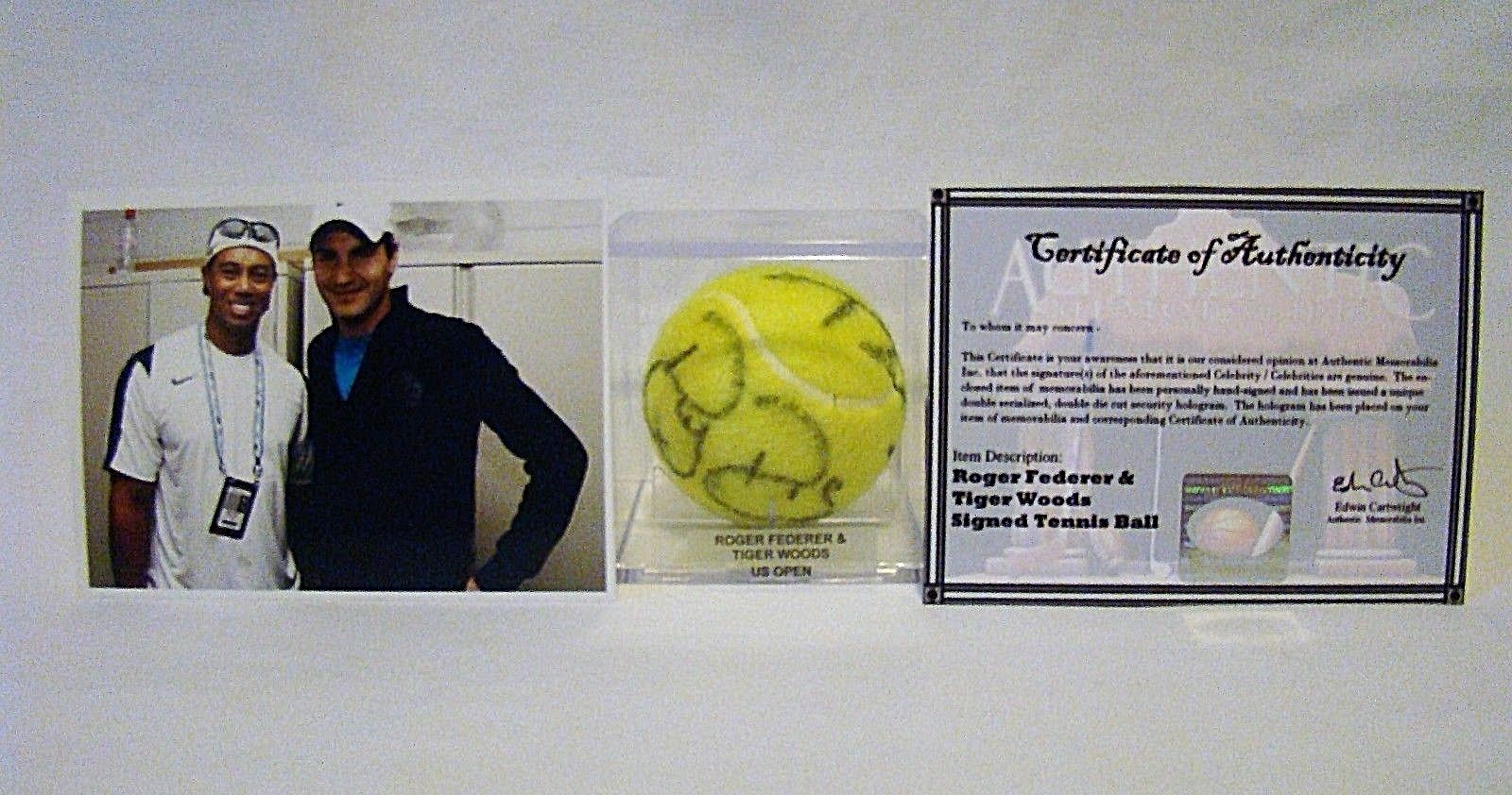 TIGER WOODS & ROGER FEDERER DUAL AUTOGRAPHED TENNIS BALL