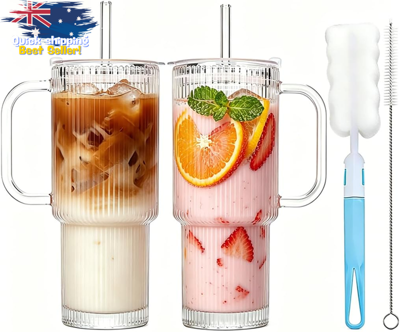 2-Pack 500ml Borosilicate Glass Mug with Lid & Straw, Coffee Tumblers