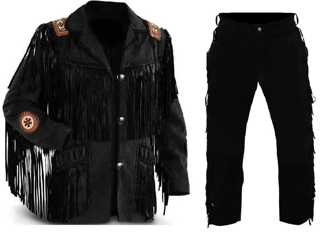 Pre-owned Handmade Mens Old Western Cowboy Black Suede Leather Fringes Beaded Jacket & Pant Wjp28