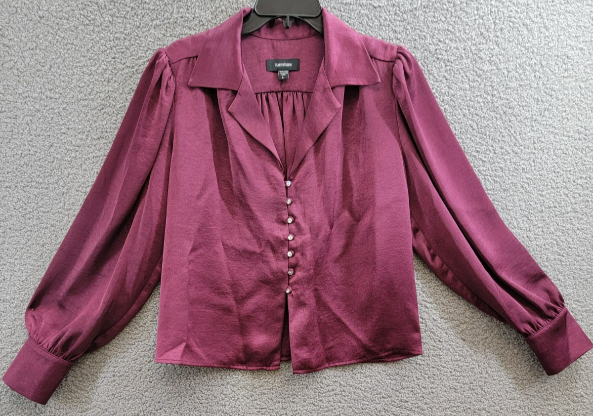 Karen Kane Shirred Blouse Women's L Wine Solid Collared Long Sleeve Button Front - Picture 2 of 16