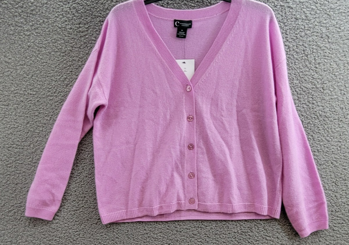 C by Bloomingdale's Cashmere Long Sleeve V-Neck Cardigan Women's M Rose Quartz - Picture 1 of 16