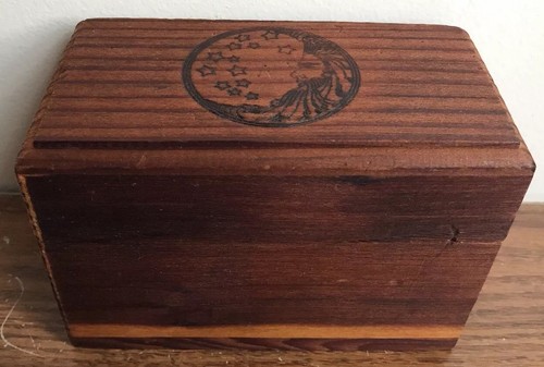 Wood Pyrography Crescent Moon And Stars Hinged Lid Recipe Box