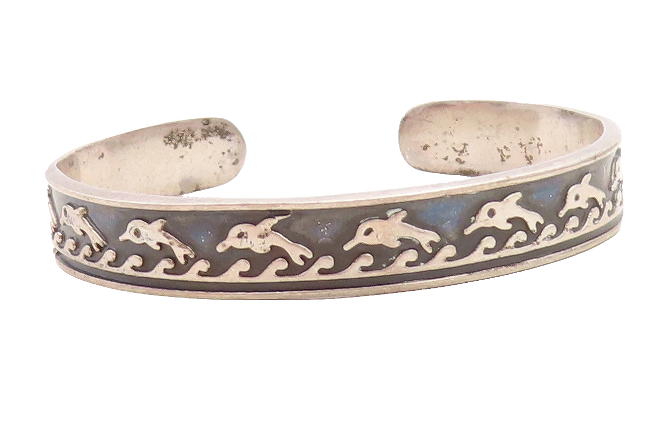 MEXICO 925 Sterling Silver Vintage Oxidized Dolphin Cuff