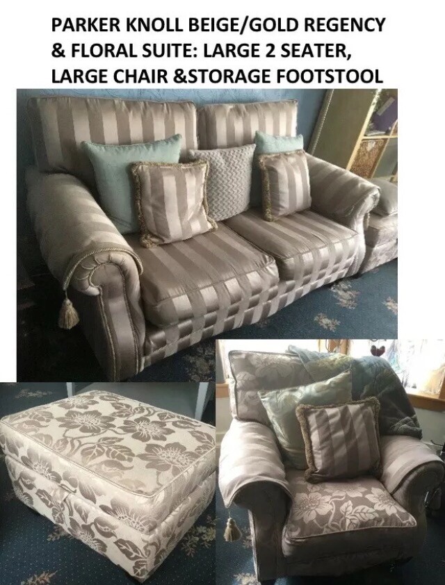 Parker knoll Canterbury regency stripe/floral gold/beige suite, large sofa, chair, footstool VGC