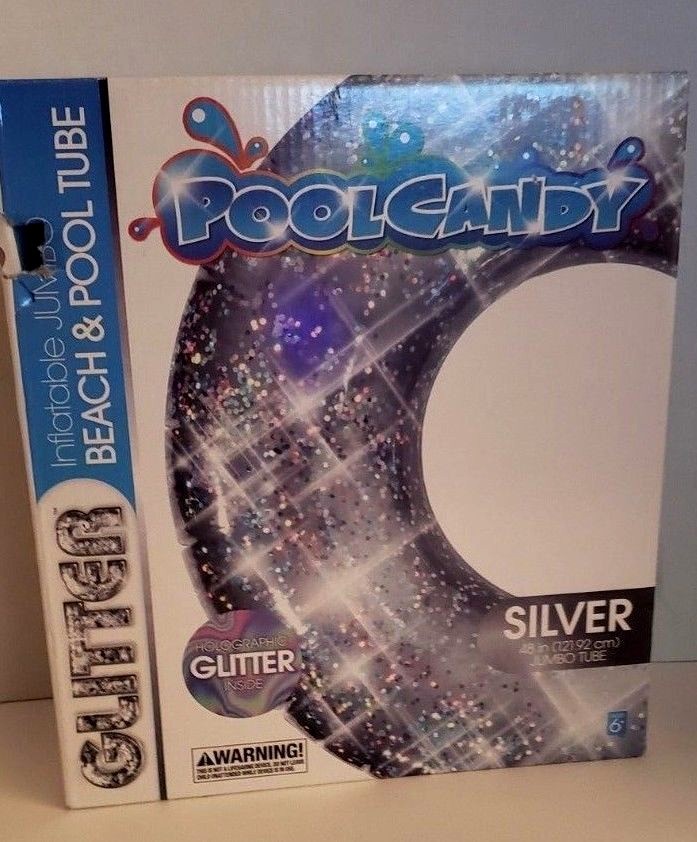 New Pool Candy Inflatable Silver Holographic Glitter Beach & Pool Tube 48