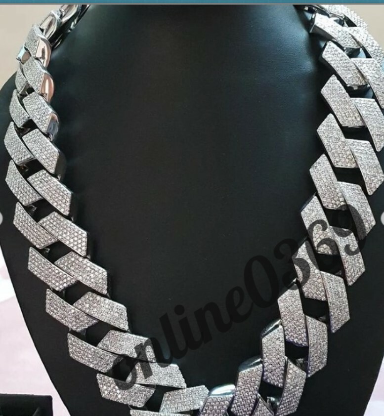 Pre-owned Online0369 Round Simulated Diamond Men's 18mm X 24 Inch Cuban Necklace Free Stud Silver In White