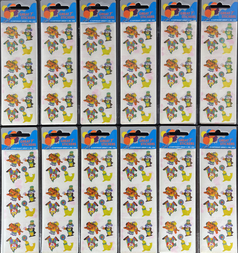12 packages of Pearlized Clown Stickers, "Great 7" Sticker Designs, PMP6908
