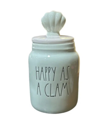 Rae Dunn ceramic mint green ''Happy As A Clam'' canister with clam shell lid 8 ''