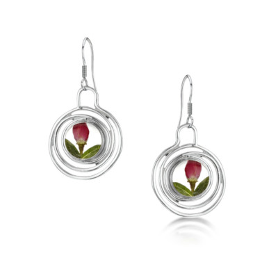 SHRIEKING VIOLET SILVER DROP EARRINGS - SPIRAL -  ROSE BUD -  REAL FLOWERS 