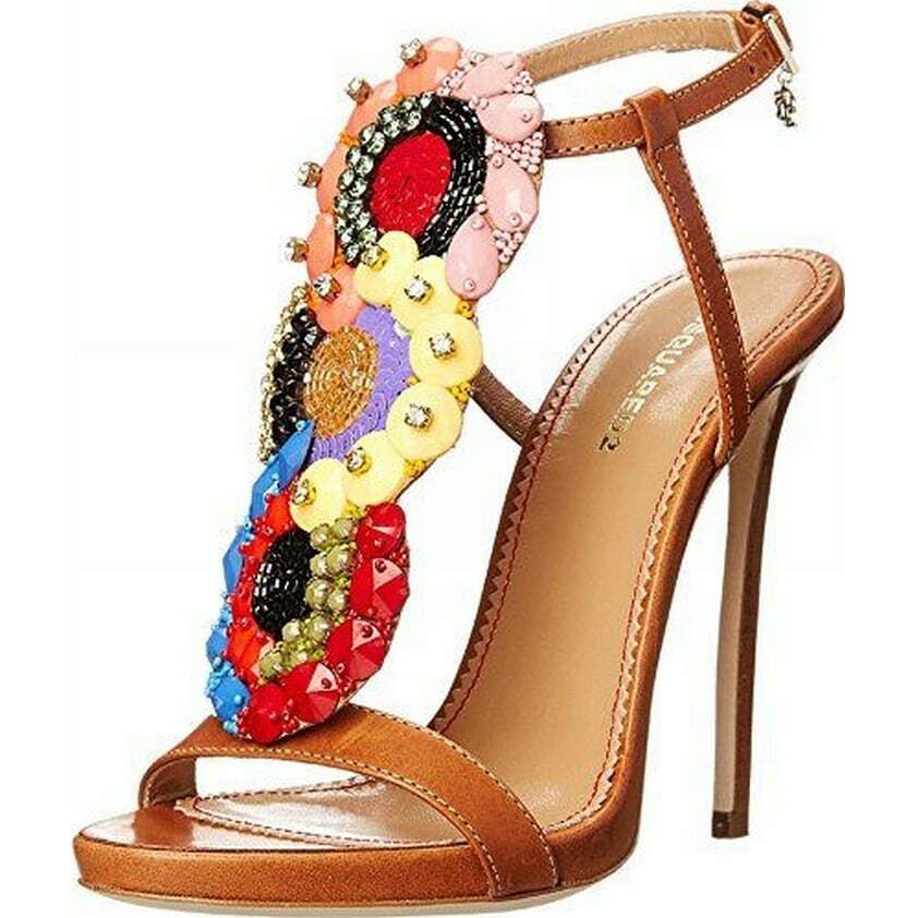 Pre-owned Dsquared2 7 7.5 Brown Beaded Embellished Strappy Stiletto Party Sandals $890