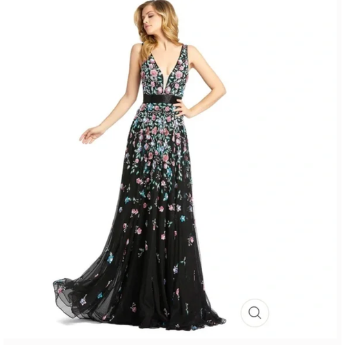 Mac Duggal Embellished Deep V Neck A Line Gown Maxi Dress