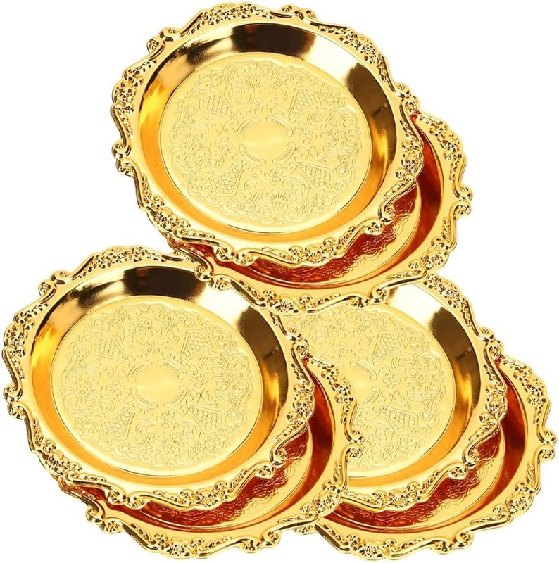 6Pcs Antique Trinket Dish, Metallic Gold round Jewelry Tray, Bathroom Candle and