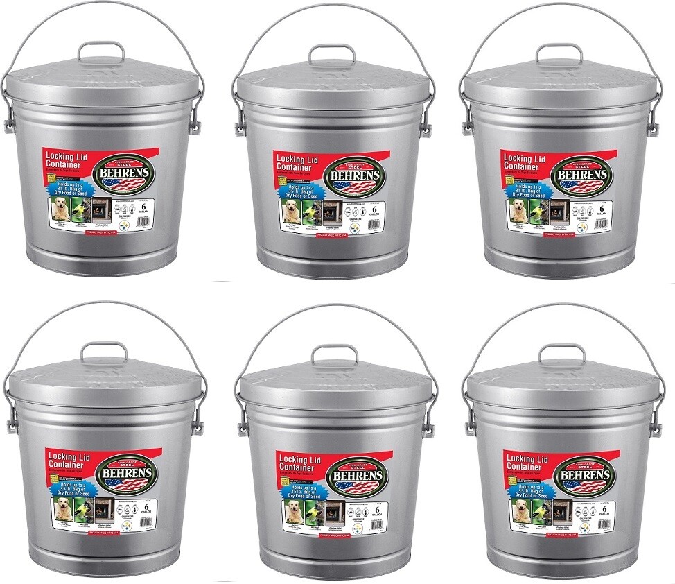 6 ea Behrens 6106 6 Gallon Galvanized Garbage Pail with  Cover & Handle