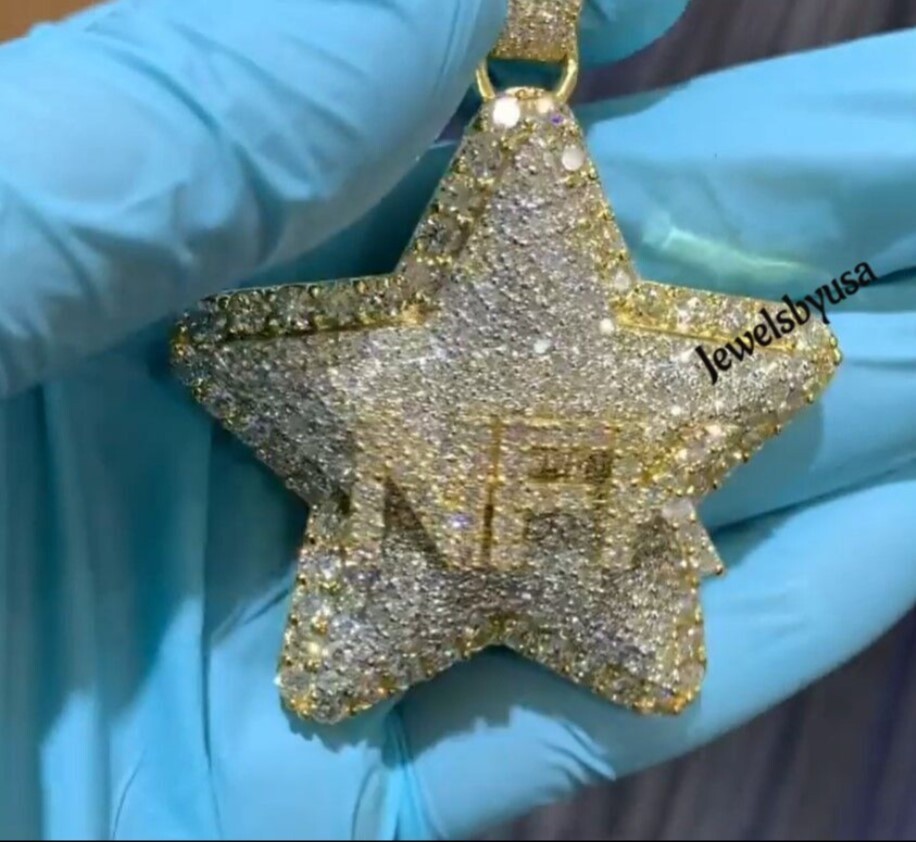 Pre-owned Nsg Men's 4ct Real Moissanite 3 Letter On Star Pendant 14k Yellow Gold Plated Silver In White