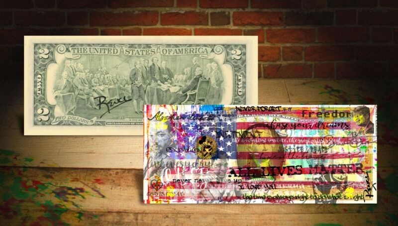 AMERICAN FLAG - ALL LIVES MATTER by RENCY Art Genuine U.S. $2 Bill Signed BANKSY