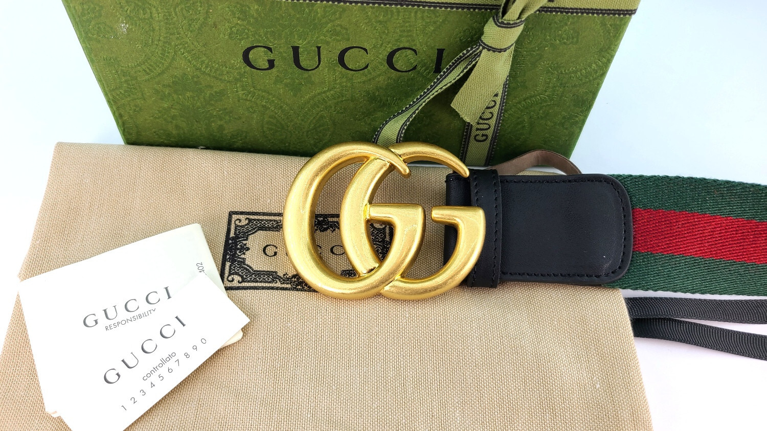 Authentic Black Web Leather Gucci Belt w/Double G Gold Authentic Black Web Leather Gucci Belt w/Double G Gold