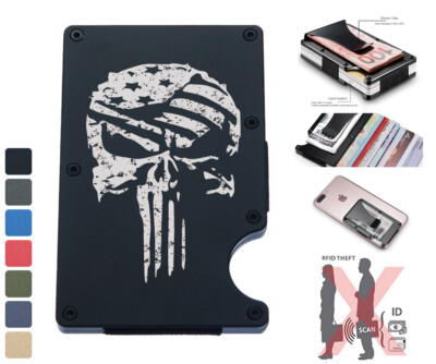 Men US American Flag AK 47 Skull RFID Blocking Money Clip Aluminum Card Holder