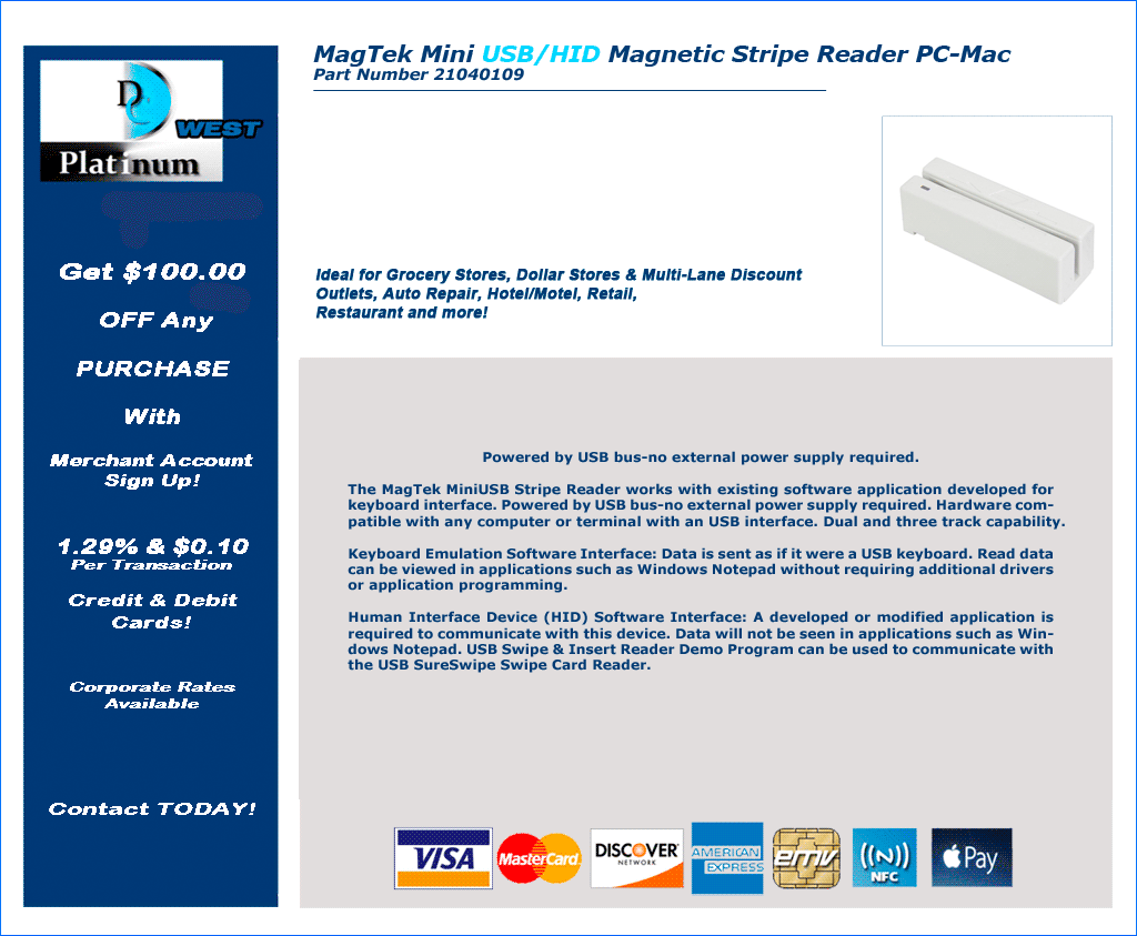 MagTek MINI USB/HID Magnetic Stripe Credit Card Reader PC-Mac PART # 21040109