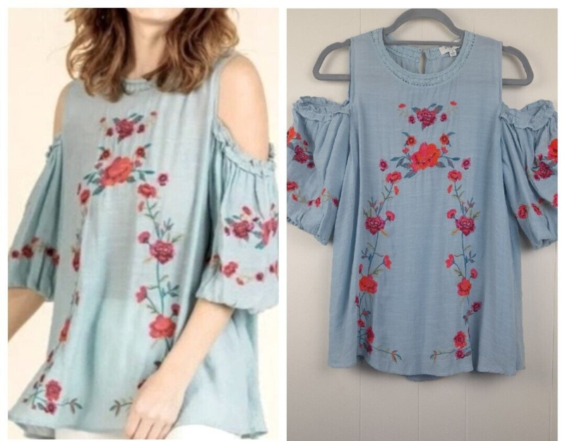 Umgee Size S Boho Blue Floral Embroidered Cold Shoulder  Puff Sleeves Top Blouse